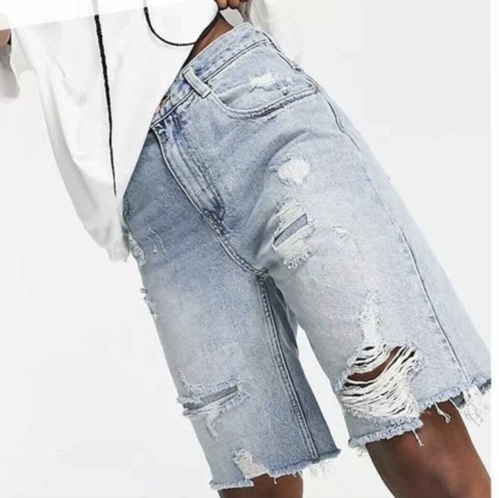 We The Free People Blue Distressed Jean Shorts with Raw Hem